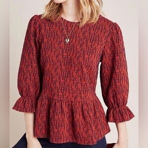 RO & DE Anthropologie Dark Orange Navy Perette Peplum Boucle Top Medium
